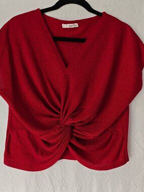 MNG Mango Red Twist Front Top XS Draped Knit V-neck Cap Sleeve